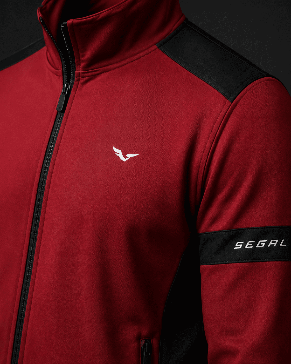 SEGAL - Crimson Track Jacket, close-up studio rendering