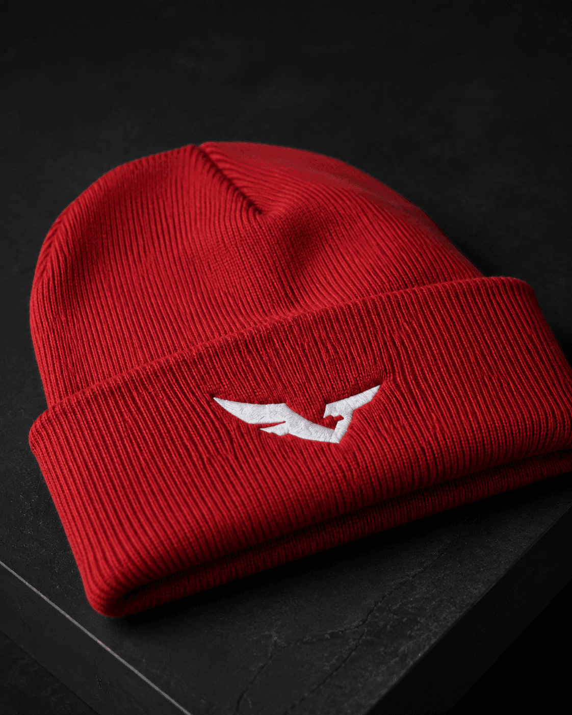 SEGAL - Crimson Cuff Beanie, close-up studio rendering
